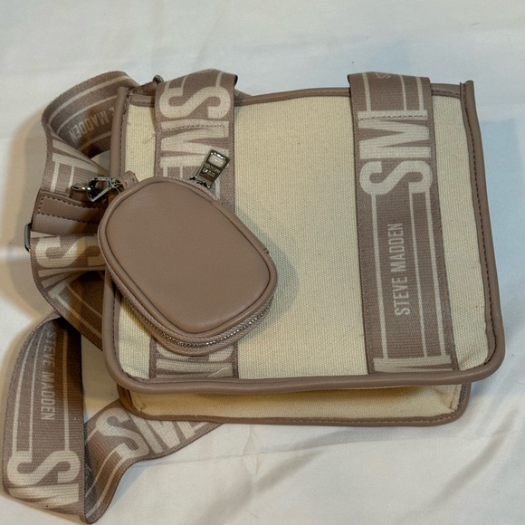 Steve Madden Beige Canvas Tote Crossbody with Logo Strap & Coin Pouch - Picture 2 of 9